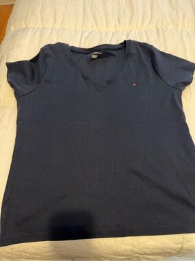 Tommy Hilfiger Navy V-Neck Short Sleeve Tee with Chest Flag